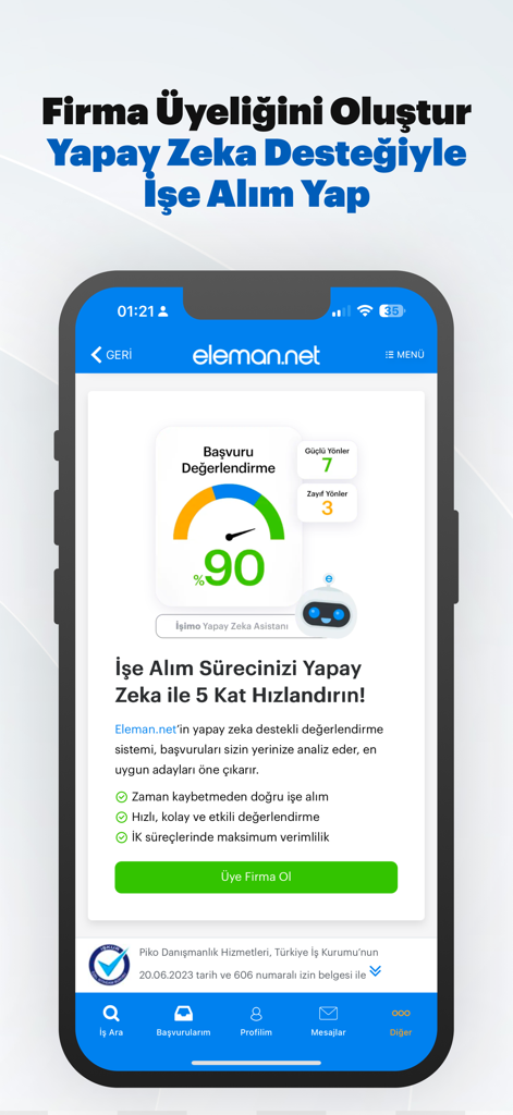 Eleman.net mobile app interface for employers showing AI-supported recruitment and application evaluation metrics