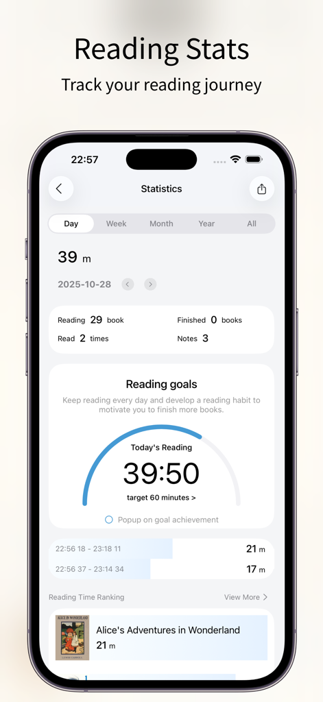 PureLibro: ebook reader - PureLibro E-Book-Reader-App-Statistikbildschirm, der Lesefortschrittsziele und den Verlauf anzeigt