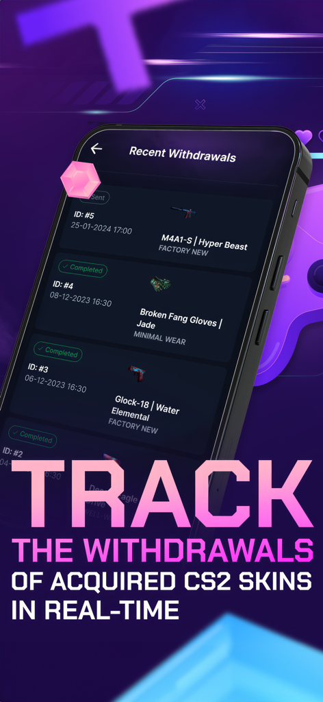 BWGG-CS2: Skins for CS2 - Interface montrant l'historique des retraits de skins CS2 en temps réel dans l'application BWGG-CS2