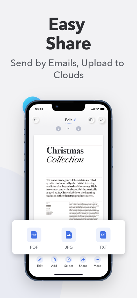 Oberfläche einer mobilen App, die einfache Optionen zum Teilen gescannter Dokumente in den Formaten PDF, JPG und TXT zeigt