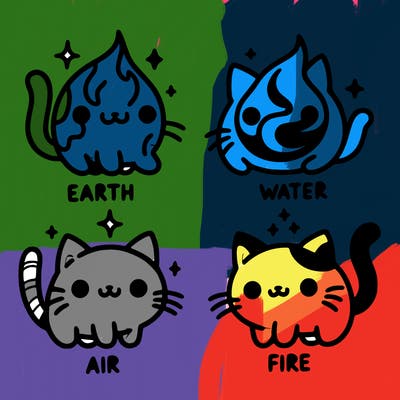 4 cats that represent the different elements, earth, water, air, and fire