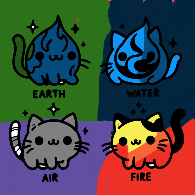 4 cats that represent the different elements, earth, water, air, and fire