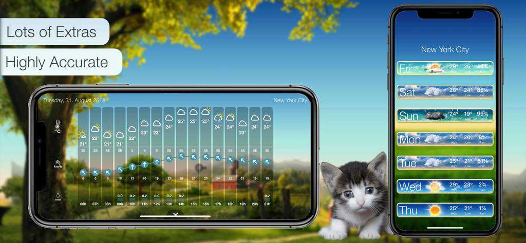 Beautiful Weather & Alerts - Beautiful Weather and Alerts app showing detailed daily and weekly forecasts on iPhone screens