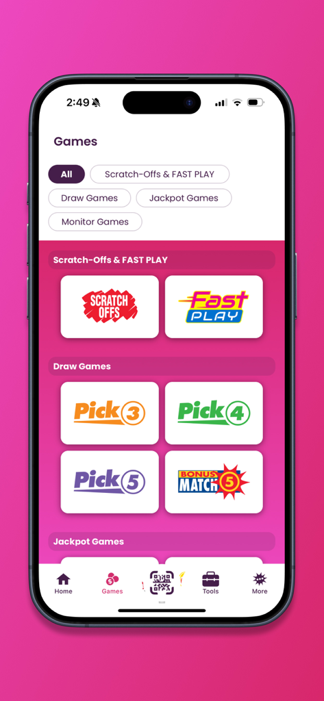 MD Lottery - Screenshot of the MD Lottery mobile app showing the Games selection menu with categories for Scratch-Offs Fast Play and Draw Games like Pick 3 and Pick 4.