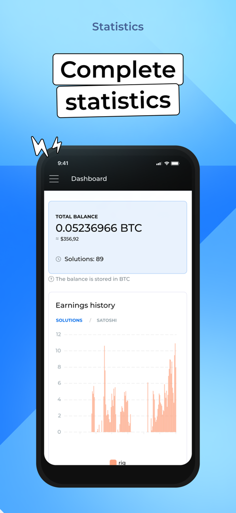 Kryptexアプリのダッシュボードには、ビットコイン残高と収益履歴グラフが表示されています
