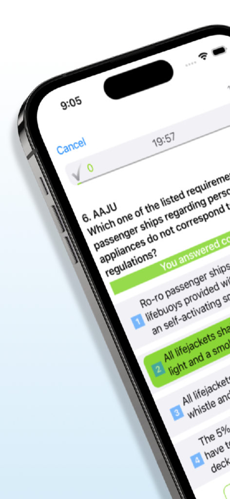 CES Test: Seagull Training - Schermata dell'app di preparazione all'esame CES Seagull che mostra una domanda d'esame di sicurezza marittima con lo slogan Supera l'esame al primo tentativo