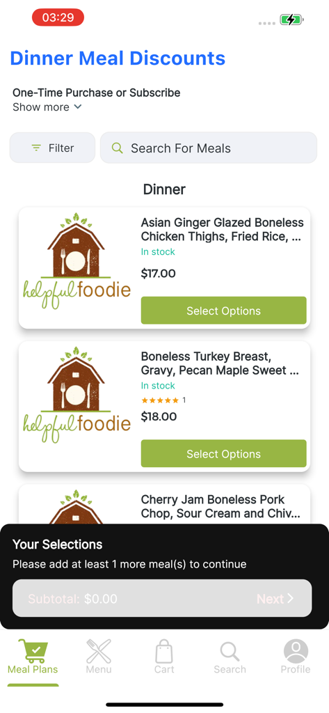 Helpful Foodie - Helpful Foodie mobile app interface displaying dinner meal options with pricing and a selection status notification