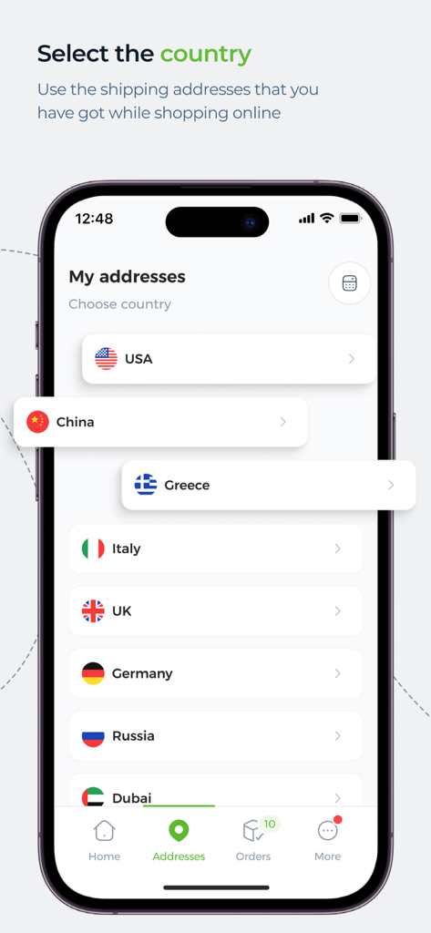 ONEX - Online Express - The ONEX app screen for selecting international shipping addresses in countries like USA, China, and UK.