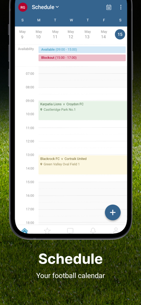 Dribl - Dribl app interface displaying a weekly football match schedule with specific game times and field locations.