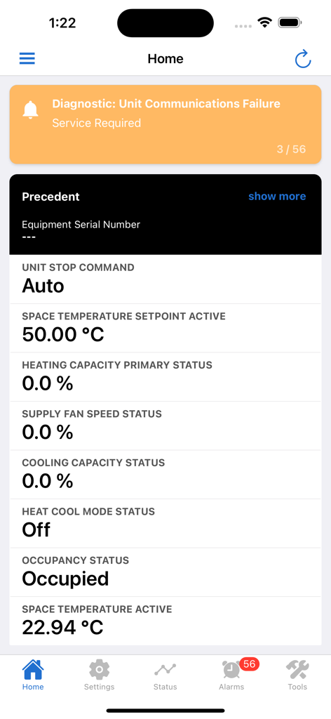 Symbio® Service & Installation - Home screen of the Symbio Service and Installation app showing an equipment diagnostic alert and real time status data