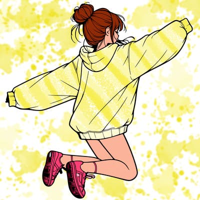 realistic girl jumping with a bun and oversized sweatshirt