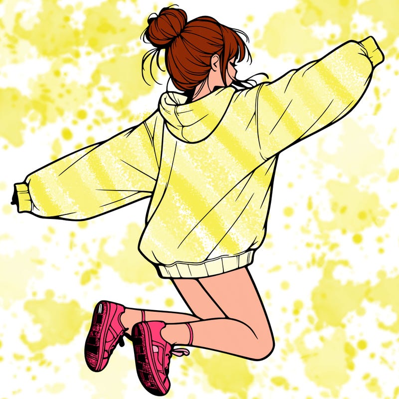 realistic girl jumping with a bun and oversized sweatshirt