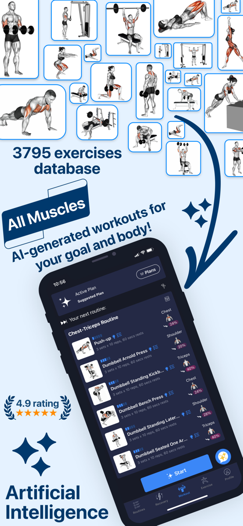 Fitness Planner Gym app interface showcasing a database of over 3700 exercises and AI generated workout plans