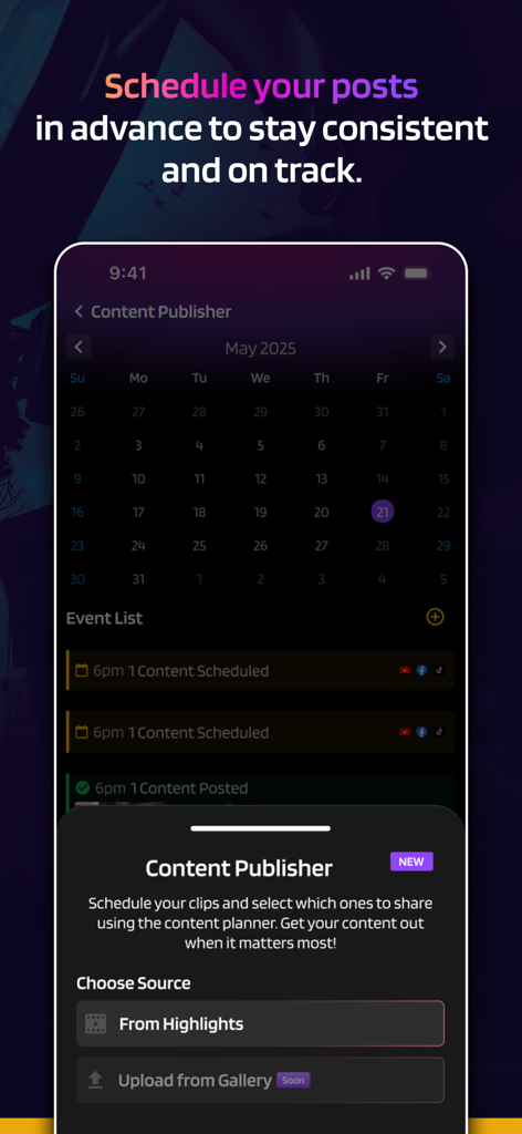 Eklipse.gg - Eklipse app content publisher screen showing a calendar for scheduling gaming clips to social media platforms.