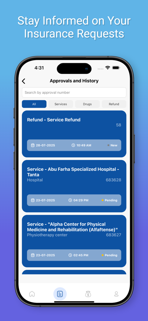 Unicare Egypt - Unicare Egypt mobile app screen showing insurance approval and refund request status history