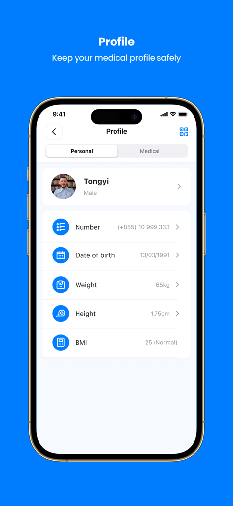 MeetDoctor - MeetDoctor app screenshot displaying a user personal profile with health metrics like weight height and BMI