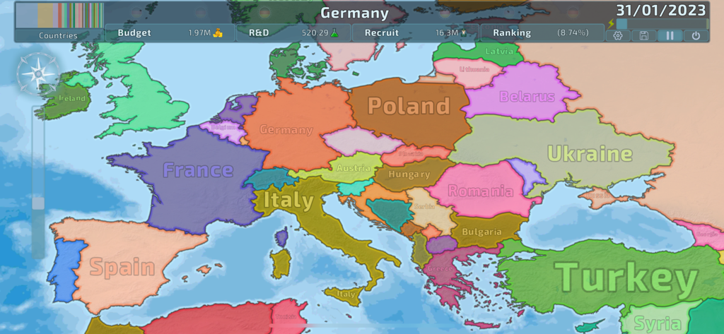 Dummynation gameplay screen showing a geopolitical map of Europe with resource management stats like budget and research.