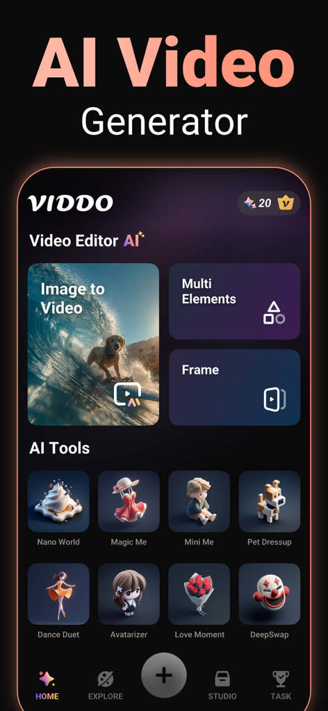 Interface of Viddo AI app showing AI video creation tools and effects