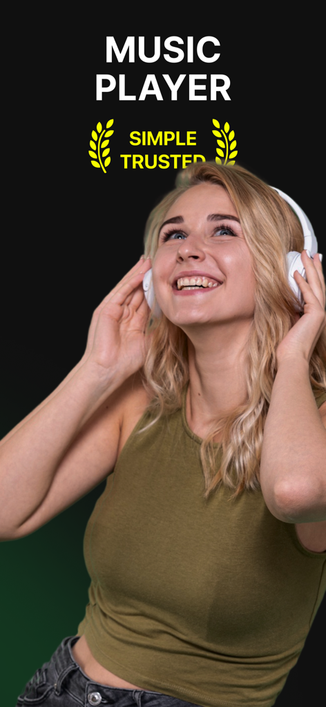 Offline Music Player‧ - Una mujer sonriente con auriculares blancos supraaurales, con etiquetas de texto que indican un reproductor de música simple y confiable.