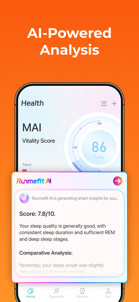 Runmefit - Runmefit app interface showing AI-powered vitality score and personalized sleep quality insights