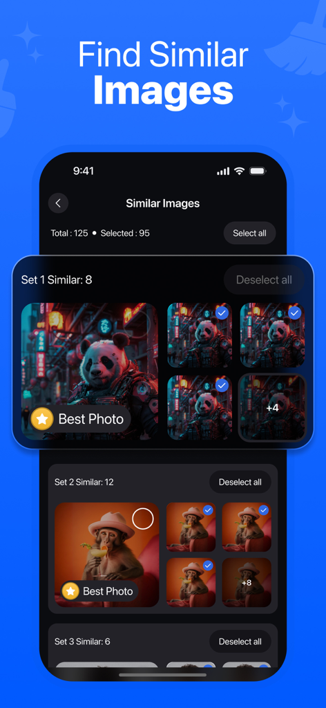 Cleaner for iPhone: Auto Clean - Una interfaz de aplicación móvil que muestra fotos similares agrupadas con una etiqueta de Mejor Foto para ayudar a los usuarios a limpiar su galería.