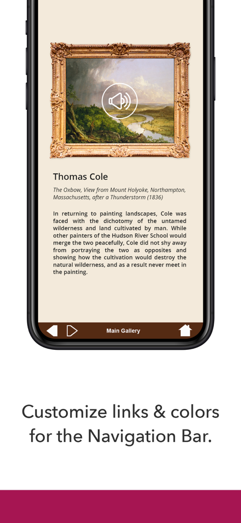 맞춤 설정된 하단 탐색 표시줄이 있는 Kiosk Pro Basic의 박물관 전시 디스플레이