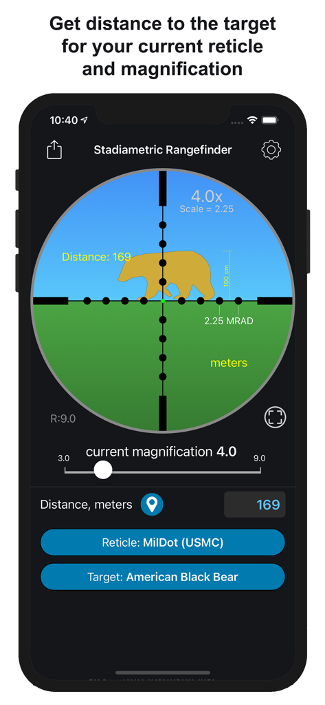 Stadiametric Rangefinder - Stadiametric Rangefinder app interface showing a MilDot reticle aimed at an American Black Bear for distance estimation
