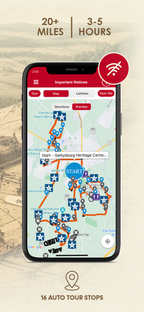 Map view of the Gettysburg Battle Auto Tour mobile app showing 16 historical tour stops across 20 miles