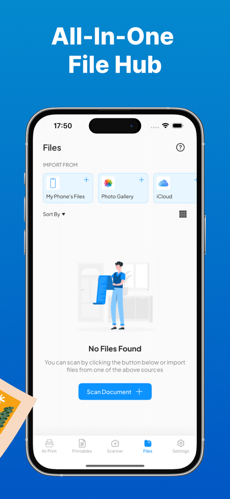 Smart Printer App: Scan Print - Tela do Hub de Arquivos Tudo-em-Um do App de Impressão Inteligente mostrando opções para importar arquivos da galeria do telefone e iCloud com um botão de digitalizar documento.