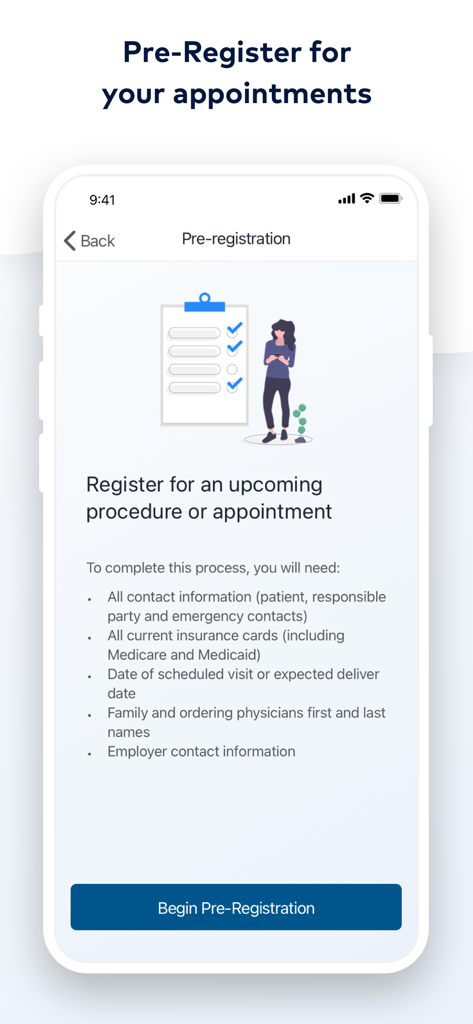 MyHealthONE - Tela do aplicativo móvel MyHealthONE mostrando o processo de pré-registro para consultas e procedimentos médicos