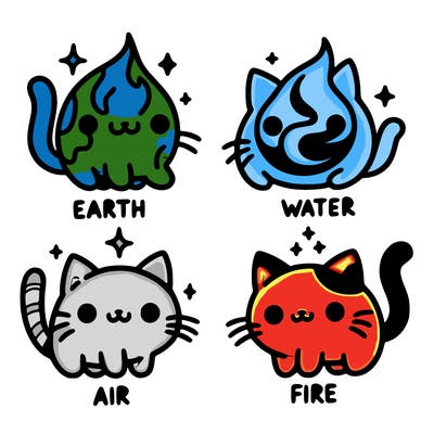 4 cats that represent the different elements, earth, water, air, and fire