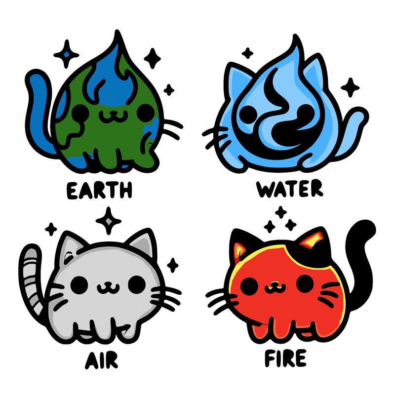 4 cats that represent the different elements, earth, water, air, and fire