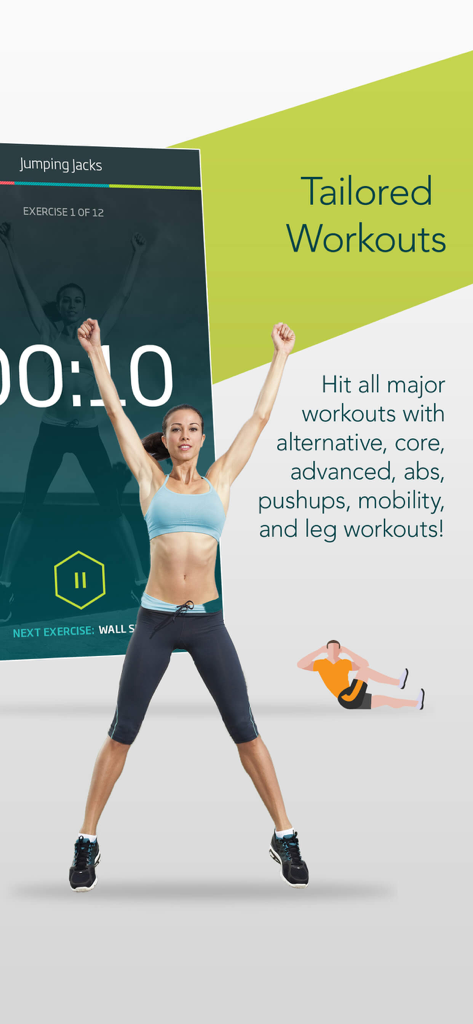 7 Minute Workout by C25K® - Una mujer haciendo saltos de tijera junto a la interfaz de la aplicación 7 Minute Workout que muestra el progreso del ejercicio y un temporizador de cuenta regresiva.