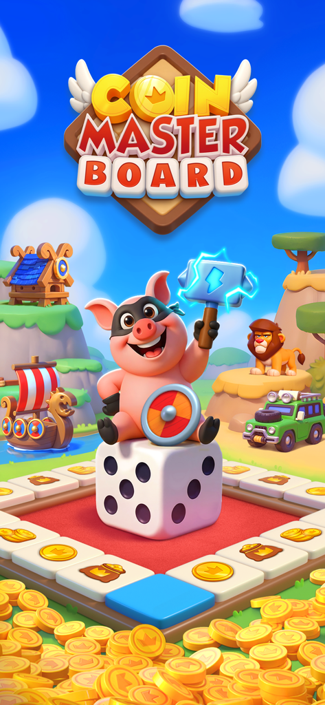 Coin Master Board Adventure pig mascot sitting on a large die on a board game with gold coins