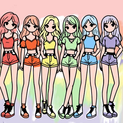 a group of girls wearing crop tops and shorts