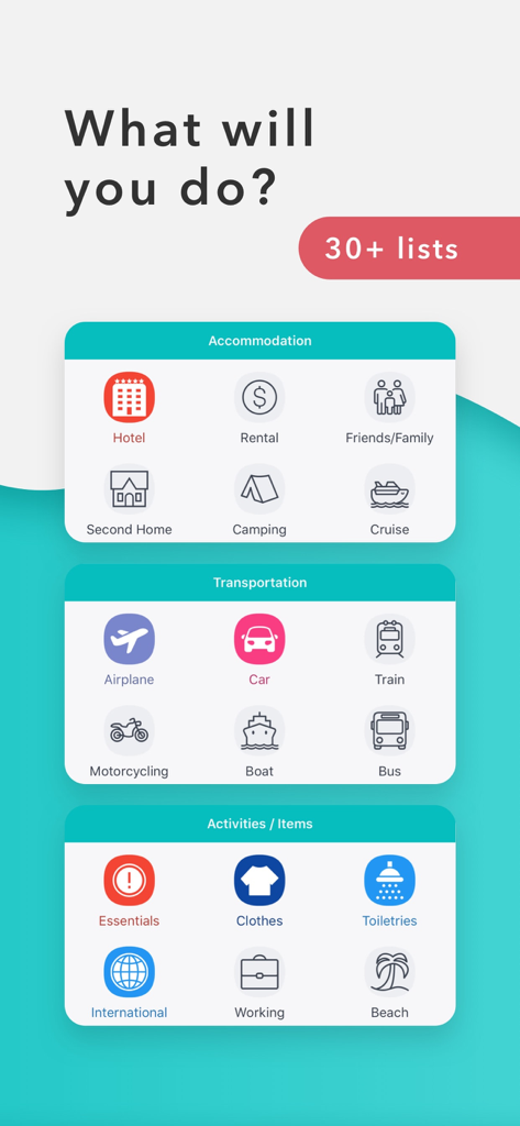Packr Travel Packing List - A screenshot of the Packr app interface showing various trip selection categories for accommodation, transportation, and activities.