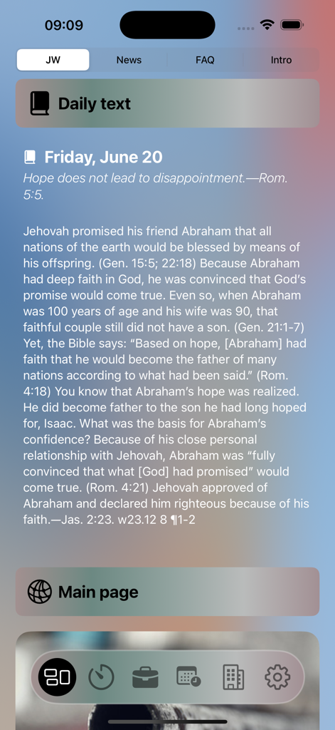 JW Service - JW Service app display of a daily bible text with scripture and commentary on a clean modern interface