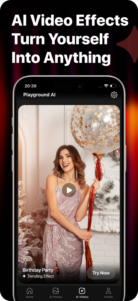 Interface de l'application Playground AI présentant des effets vidéo IA tendance pour les réseaux sociaux avec une femme dans une scène de fête d'anniversaire.