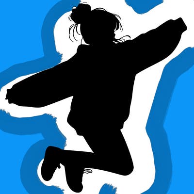 realistic girl jumping with a bun and oversized sweatshirt