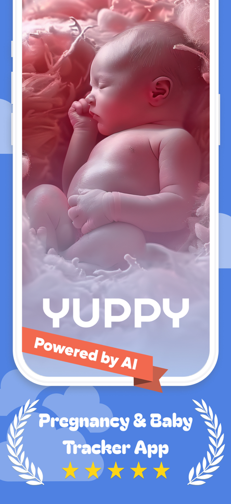 Pregnancy, Baby Tracker －Yuppy - App Yuppy per il monitoraggio della gravidanza e del bebè con schermata introduttiva che mostra un neonato