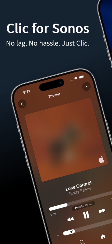 Clic for Sonos - Clic for Sonos App-Oberfläche auf dem iPhone, die einen Musikplayer mit Lautstärke- und Wiedergabesteuerung für einen Heimkinoraum anzeigt