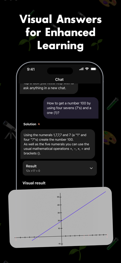 Homework Helper: Scan & solve - Un smartphone montrant un chat IA résolvant un problème de mathématiques avec une explication étape par étape et un graphique de fonction linéaire