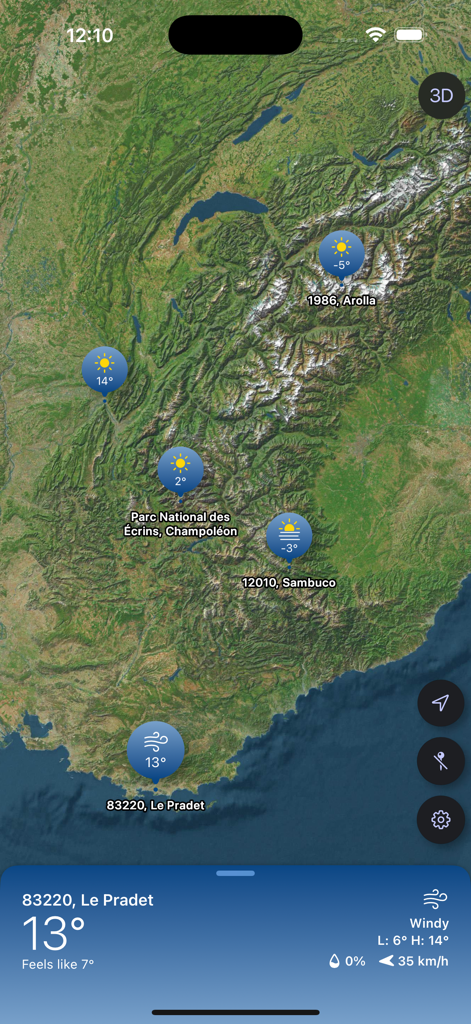 Tap Weather - 特定場所の天気予報ピンと気温の詳細が表示されているインタラクティブな衛星マップ