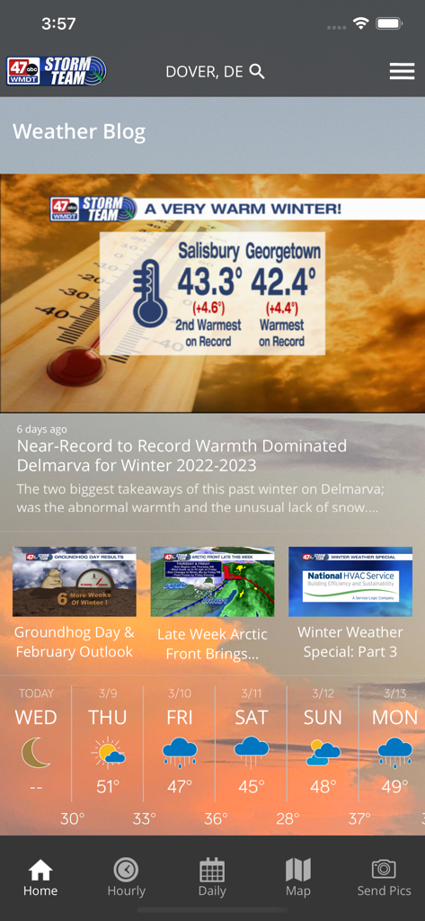 Interface of the 47abc Weather app showing the Weather Blog and local daily forecasts for the Delmarva region.