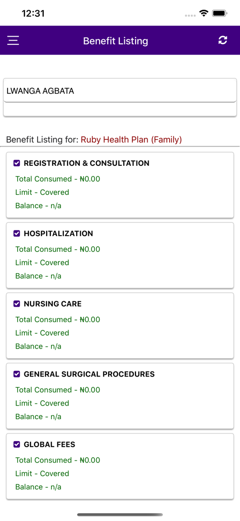 Interfaccia dell'app mobile Prohealth che mostra elenchi dettagliati dei benefici e lo stato di consumo per un piano sanitario familiare.