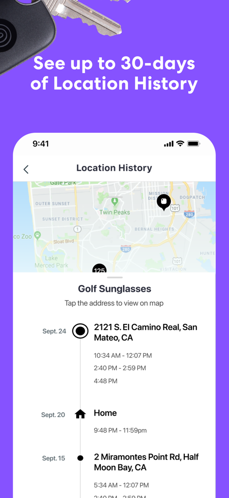 Tile app screen displaying 30 day location history with map and address details