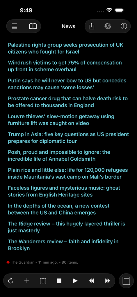 Speak News app interface displaying a list of news headlines in a high-contrast dark mode theme with audio playback controls.
