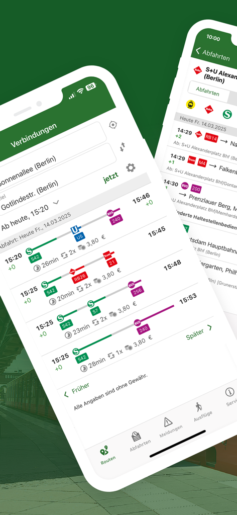 S-Bahn Berlin mobile app displaying transit connections and departure schedules