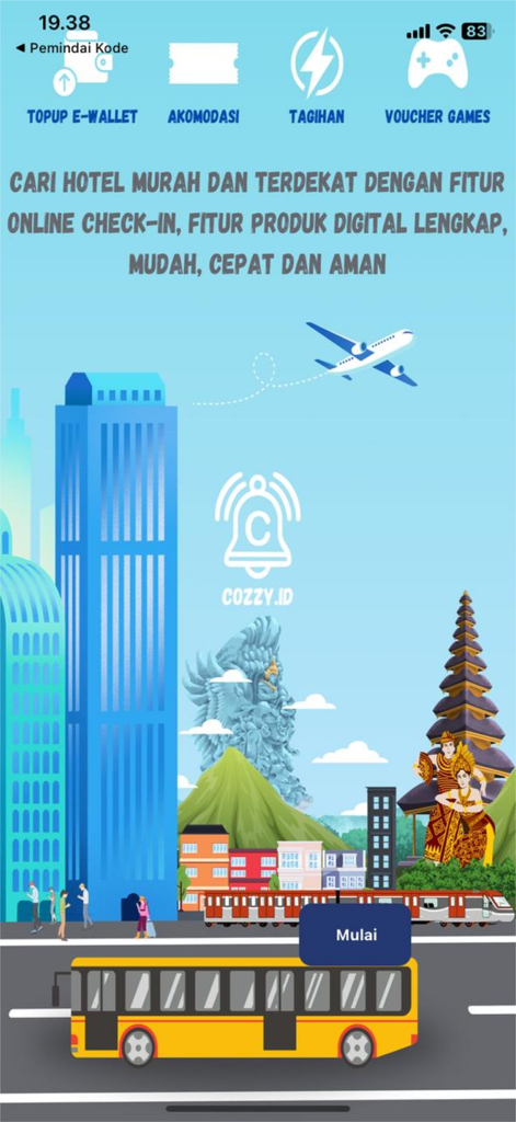 cozzy.id - Cozzy.id travel app splash screen featuring Indonesian landmarks and booking services like hotels and digital payments