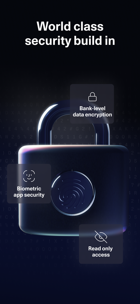 getquin - Portfolio Tracker - Funciones de seguridad de la aplicación getquin que incluyen cifrado de datos a nivel bancario, seguridad biométrica de la aplicación y acceso de solo lectura